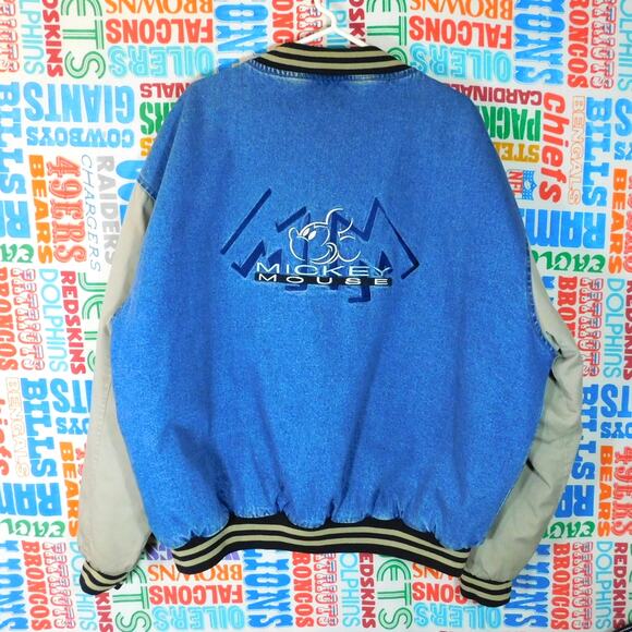 VTG 90s Walt Disney World Mickey Mouse Denim Varsity Jacket Size XL Embroidered - Picture 2 of 8
